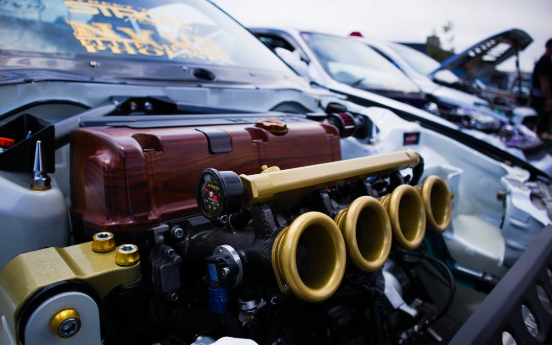 red and black car engine